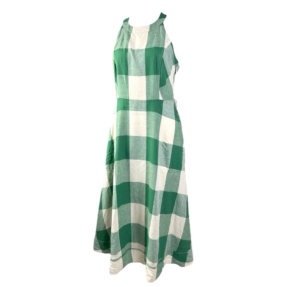 Anthropologie Midi Dress US Maeve Greta Green Gingham Check Linen Blend A-Line - Picture 3 of 10